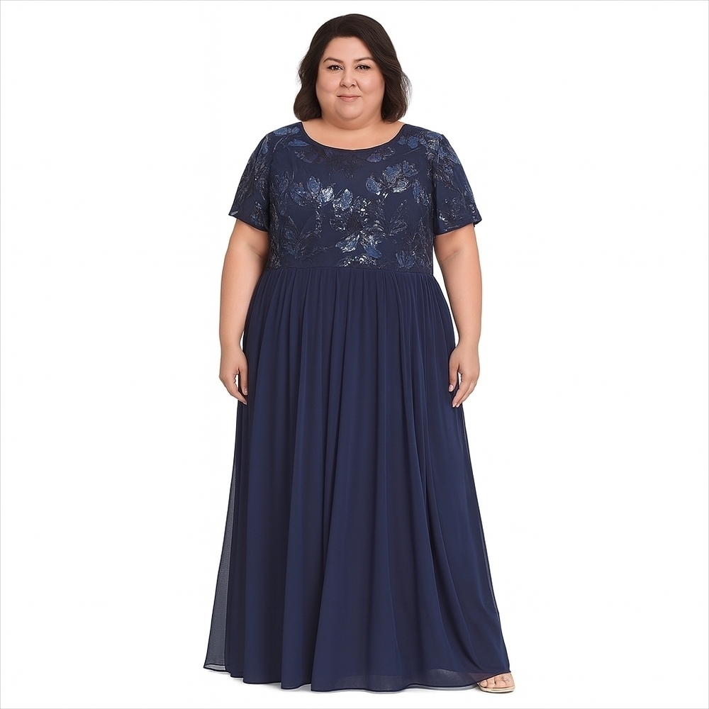 R & H Richard Short Sleeve Navy Sequin Mother of Bride Maxi Dress/ Gown 14W